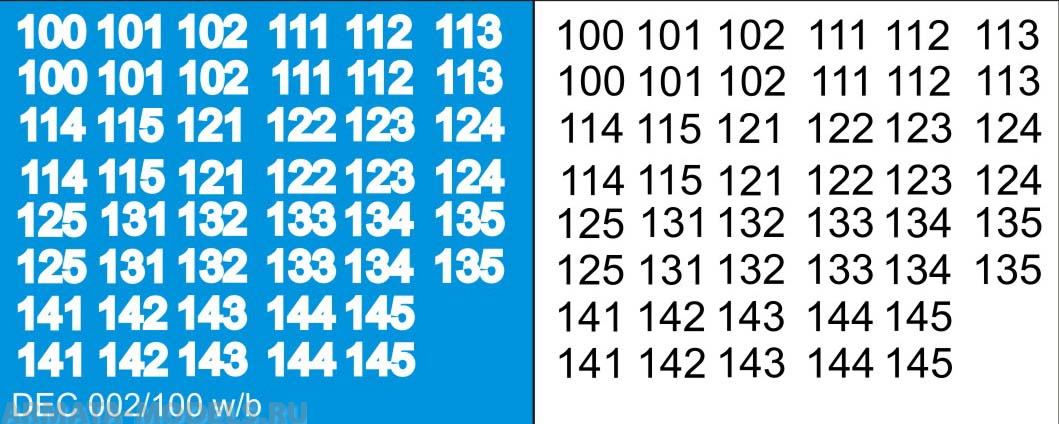 DEC002/100 Номера на немецкую технику масштаб 1/100 с 100 по 400. Цвет – белый контур + черный центр