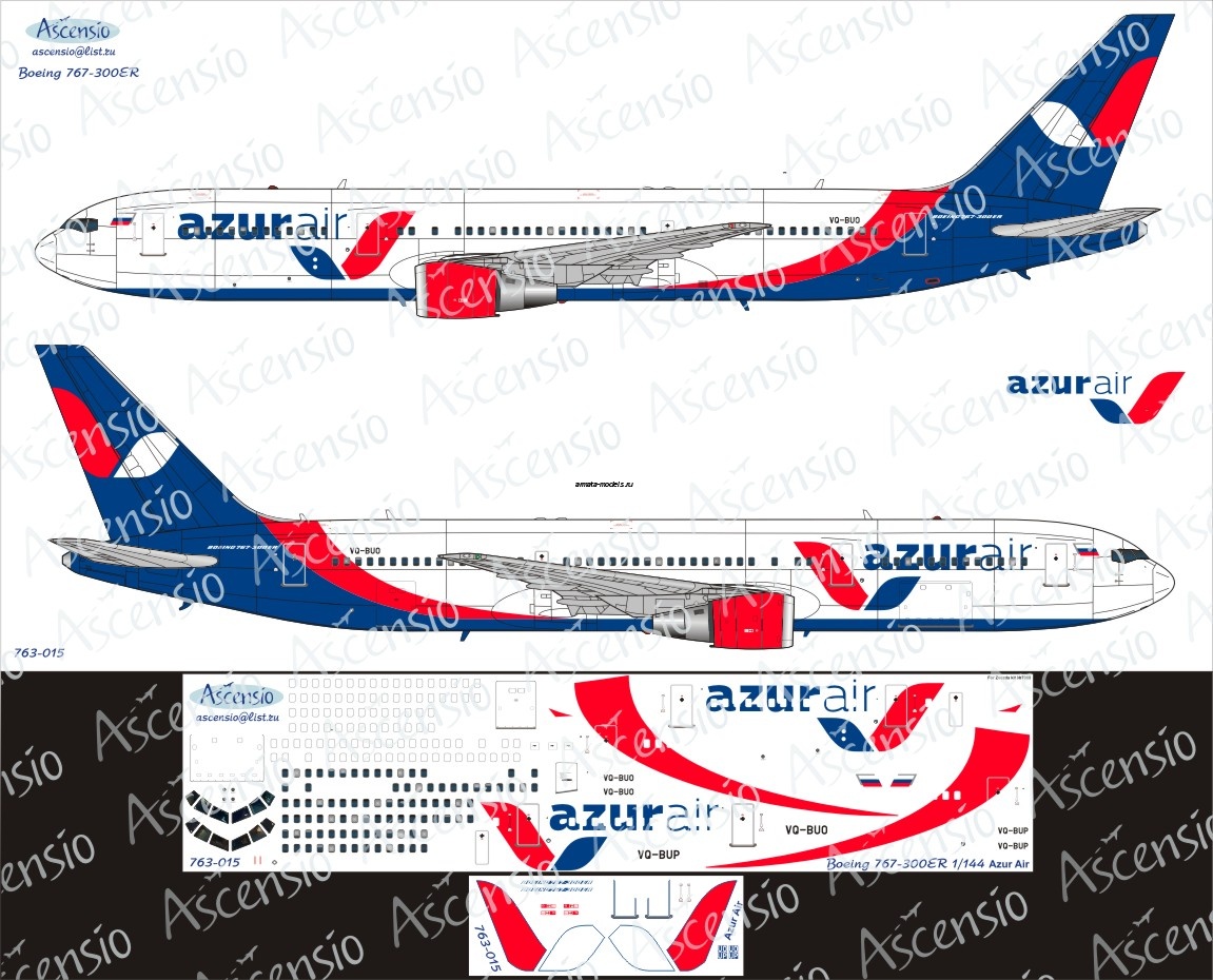 763-015 Декаль для самолета Boeing 767-300 Азур 1/144